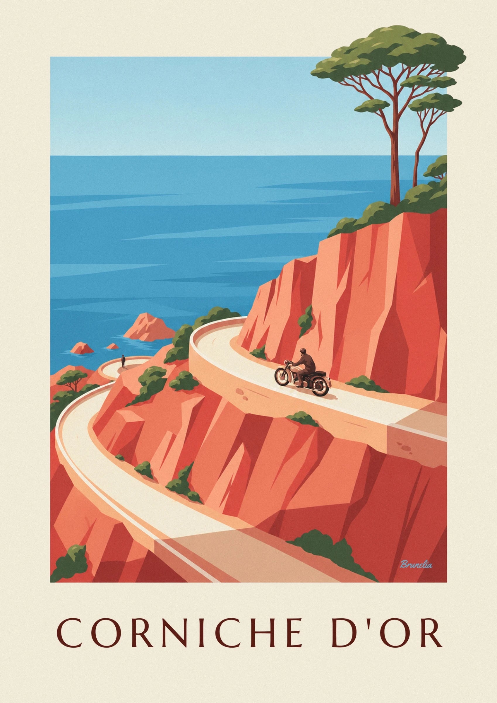 The rider in brown on his motorbike, between the orange cliffs of Estérel