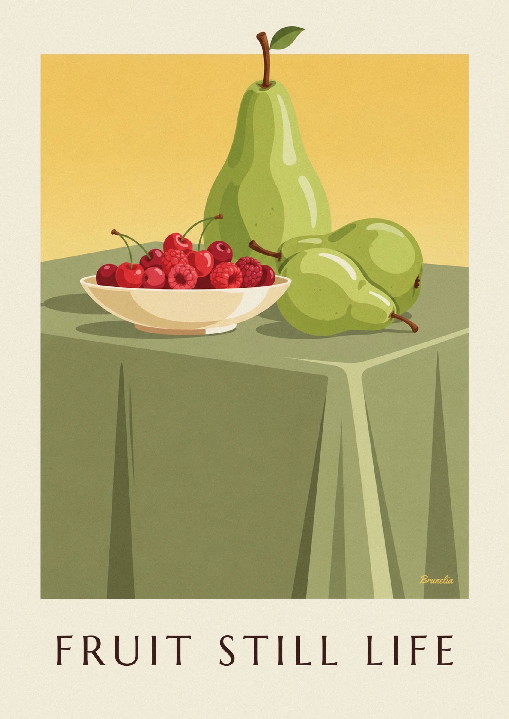 Póster bodegón, cuenco de frutos rojos y peras: detalle en primer plano