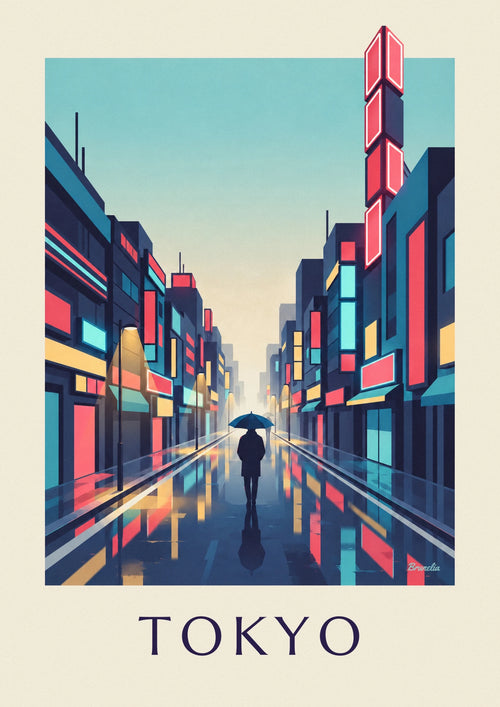 Póster de una noche de lluvia y neones en el barrio de Shinjuku en Tokio: el póster completo