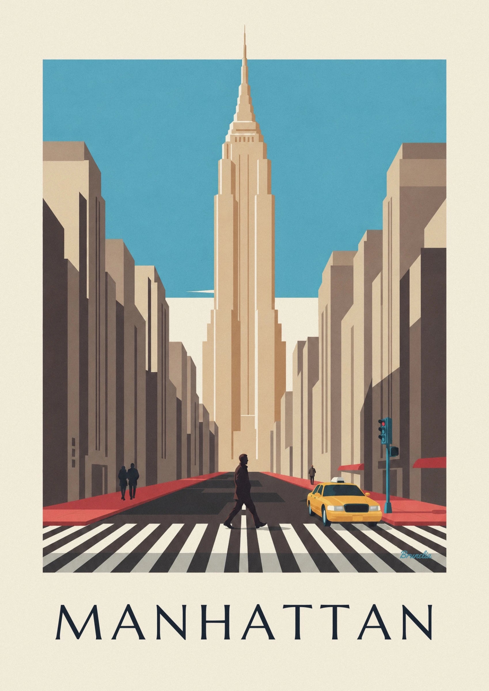 A slender beige tower against the blue sky of Manhattan
