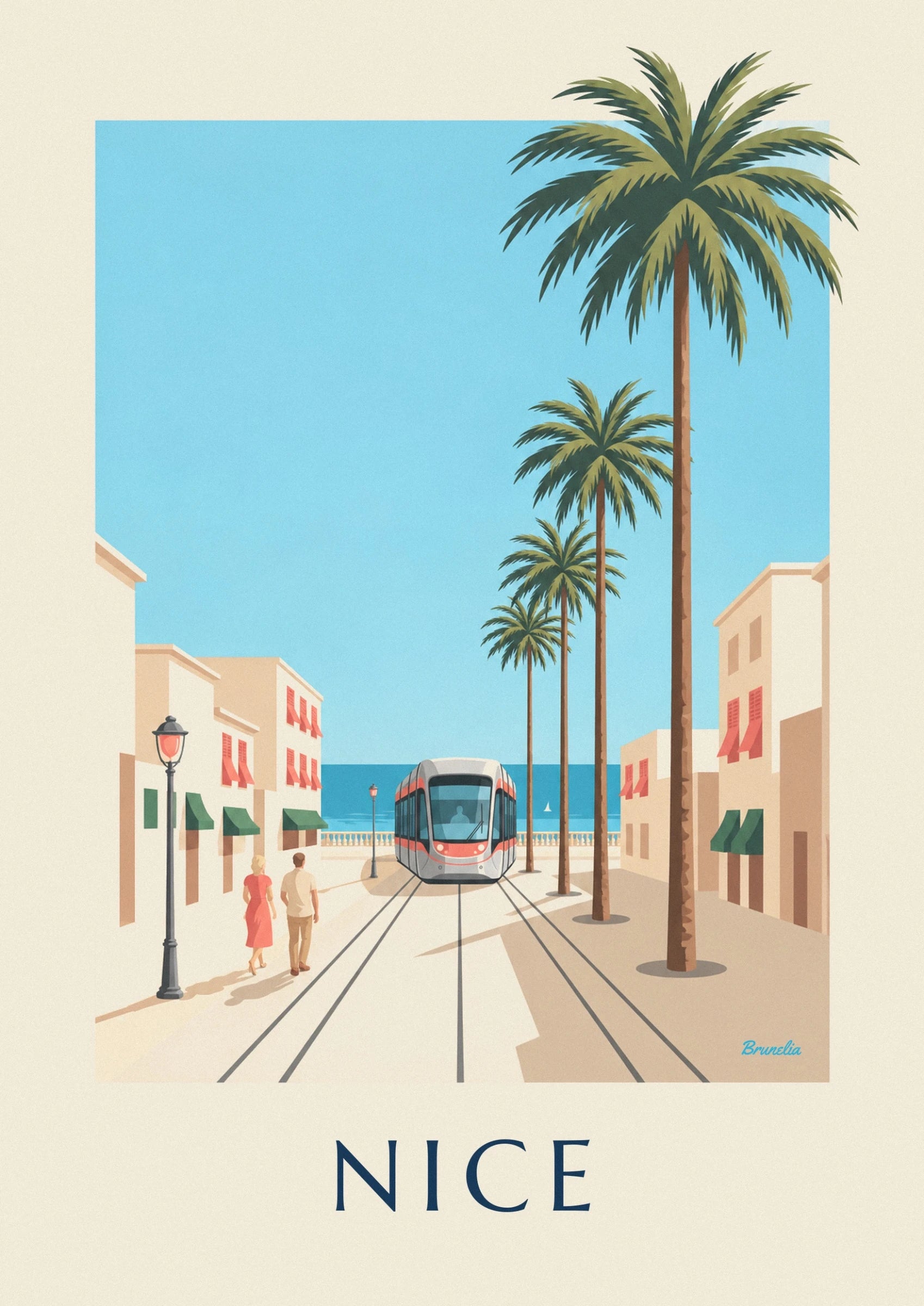 Le tramway gris et rouge sur ses rails, face à la mer et à un voilier blanc