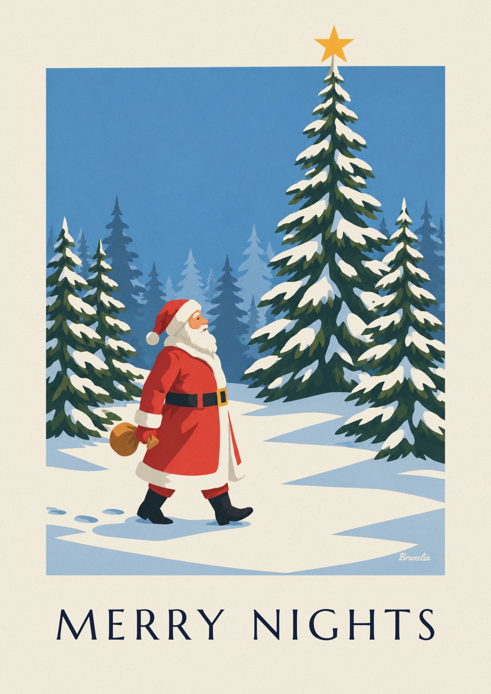 Papá Noel con abrigo rojo, llevando su saco de regalos por la nieve