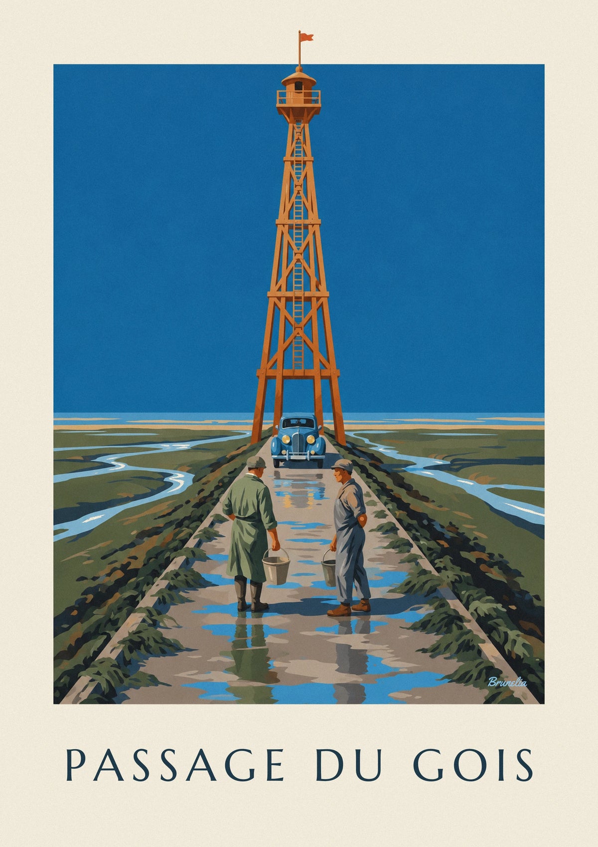 Refuge beacon and shore fishers on the Passage du Gois poster