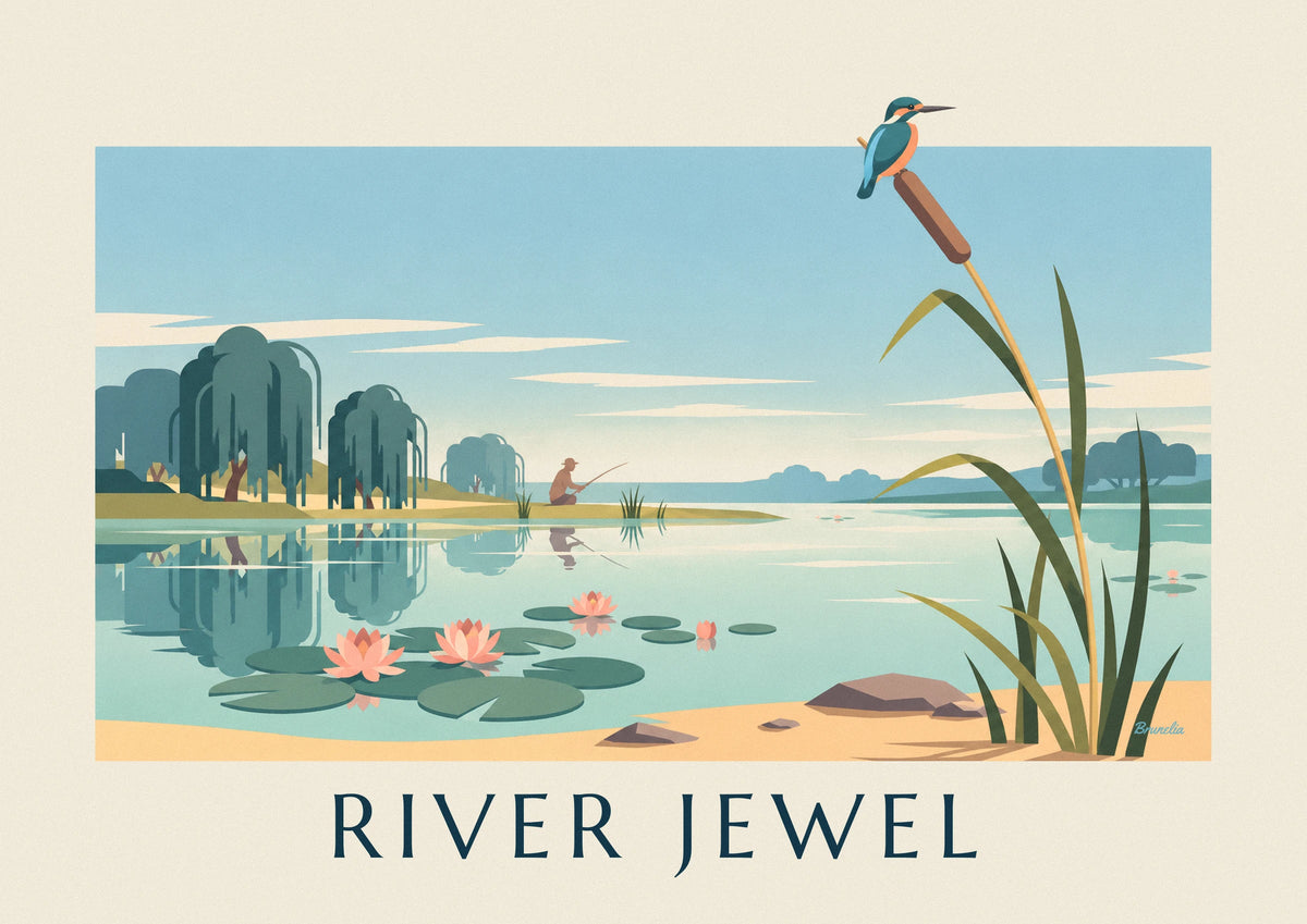 Kingfisher perched on a cattail by the pond poster