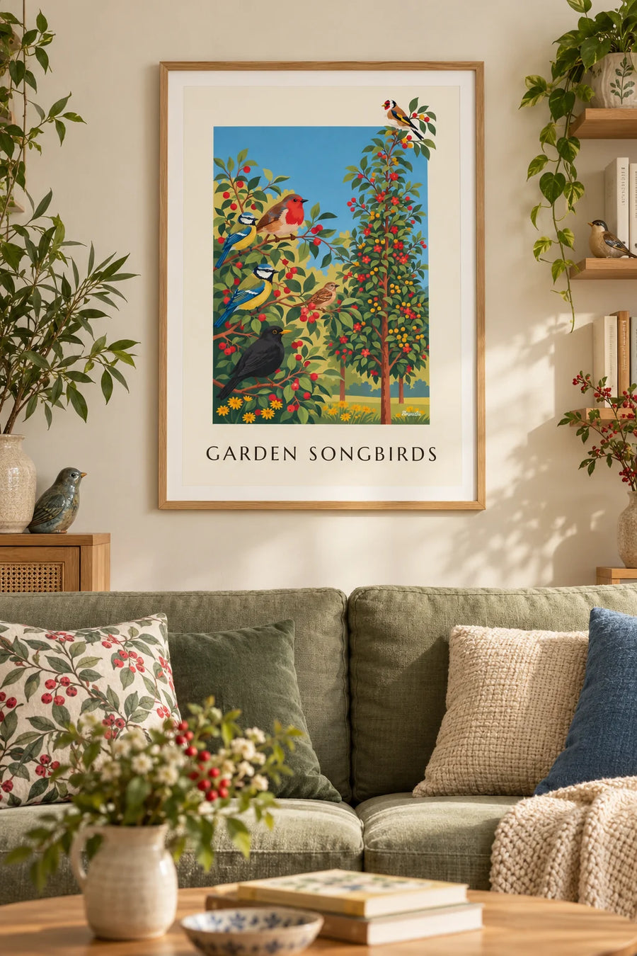 Póster de lámina naturalista de los pájaros cantores del jardín: enmarcado en la pared