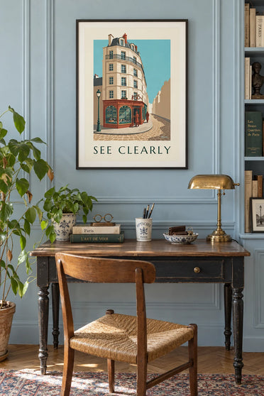 Poster of an eyeglasses display case from a former ophthalmology office: framed on the wall
