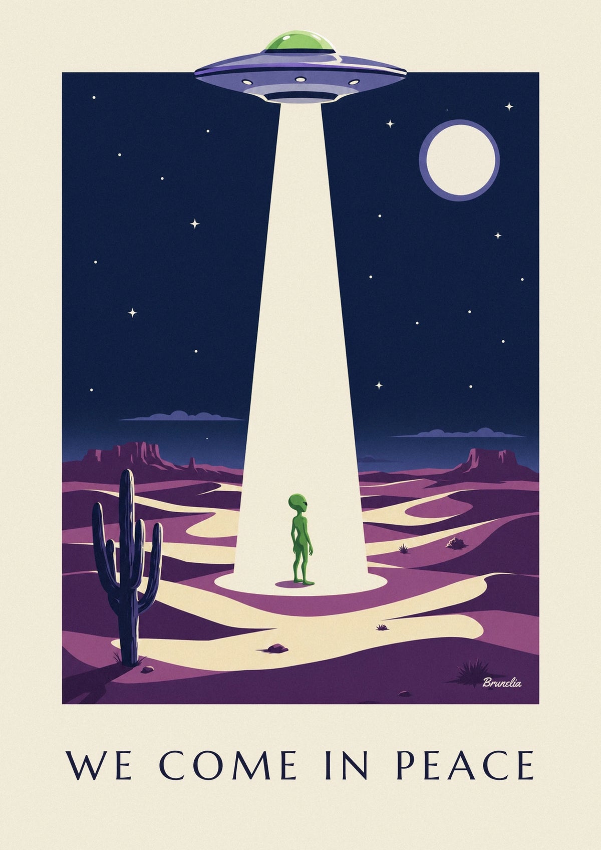 UFO, alien and flying saucer in the desert poster