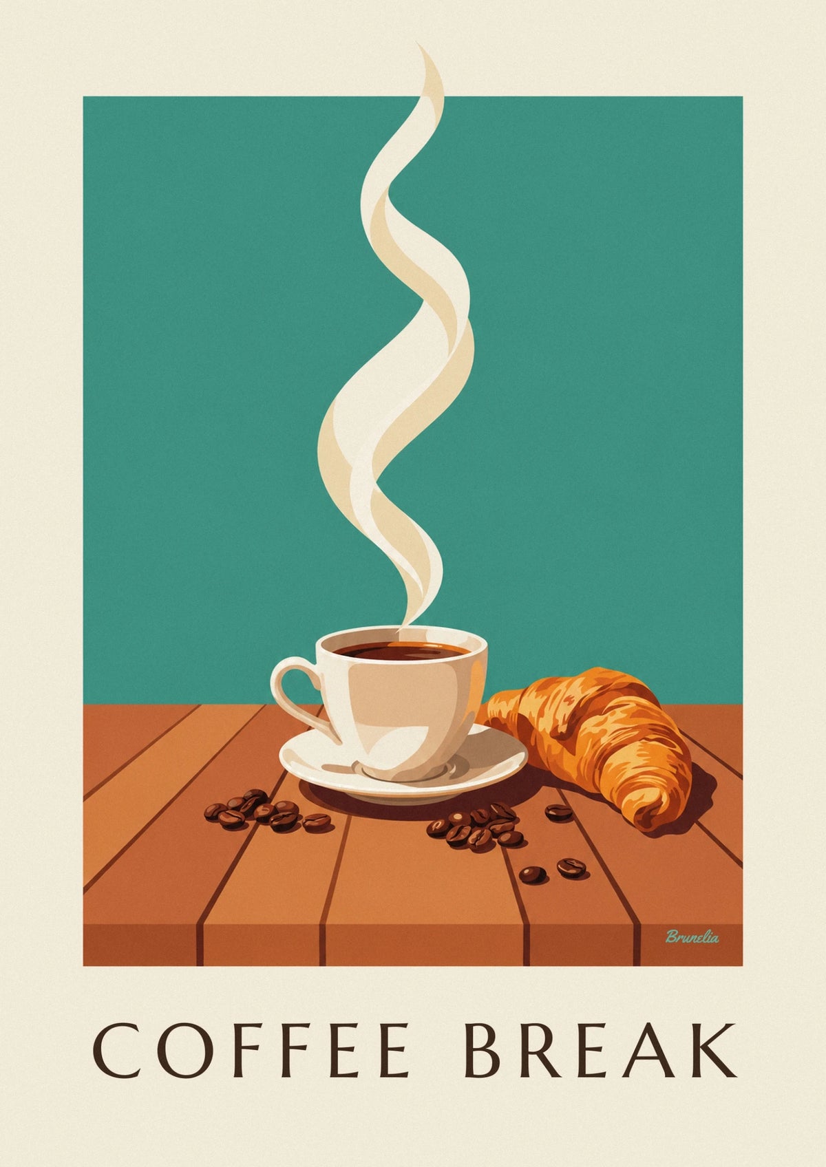 Coffee break with croissant and coffee beans on wood poster
