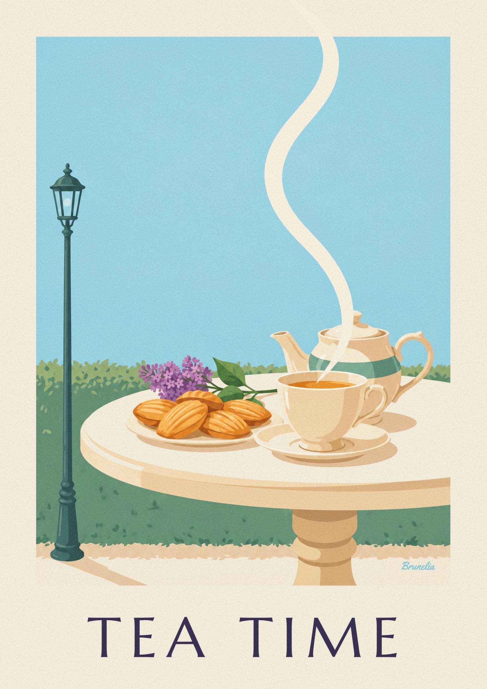 Una taza de té humeante y una tetera crema con una franja verde sobre la mesa del jardín