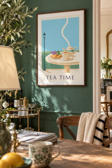 Poster of madeleines and a teacup on a garden table: framed on the wall