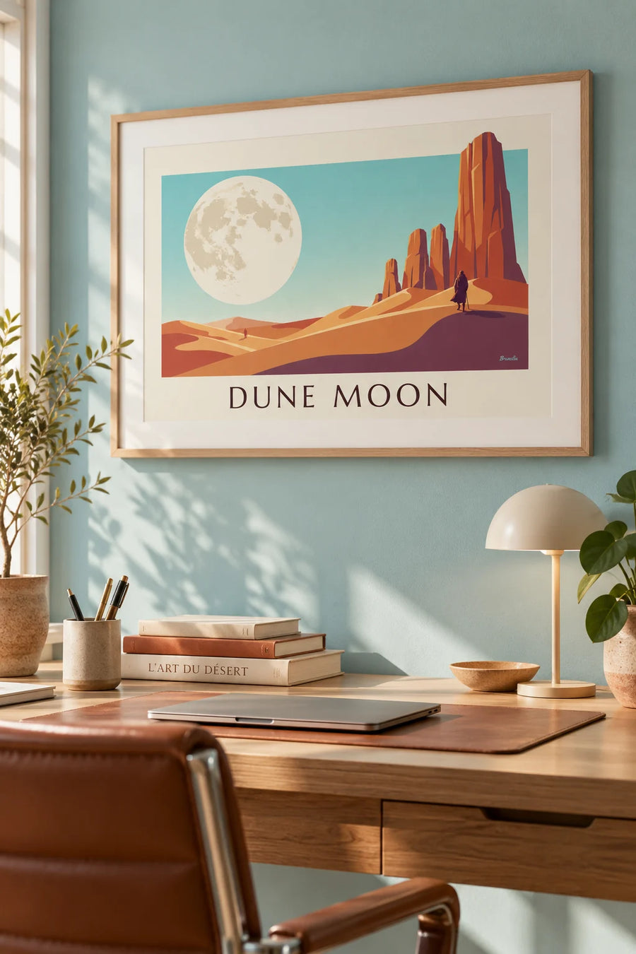 Póster desierto de ciencia ficción bajo una luna gigante: enmarcado en la pared