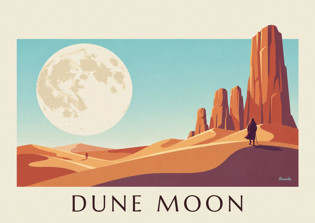 Sci-fi desert under a giant moon poster