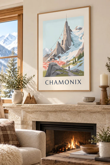 Póster de la Aiguille du Midi y el teleférico sobre Chamonix: enmarcado en la pared