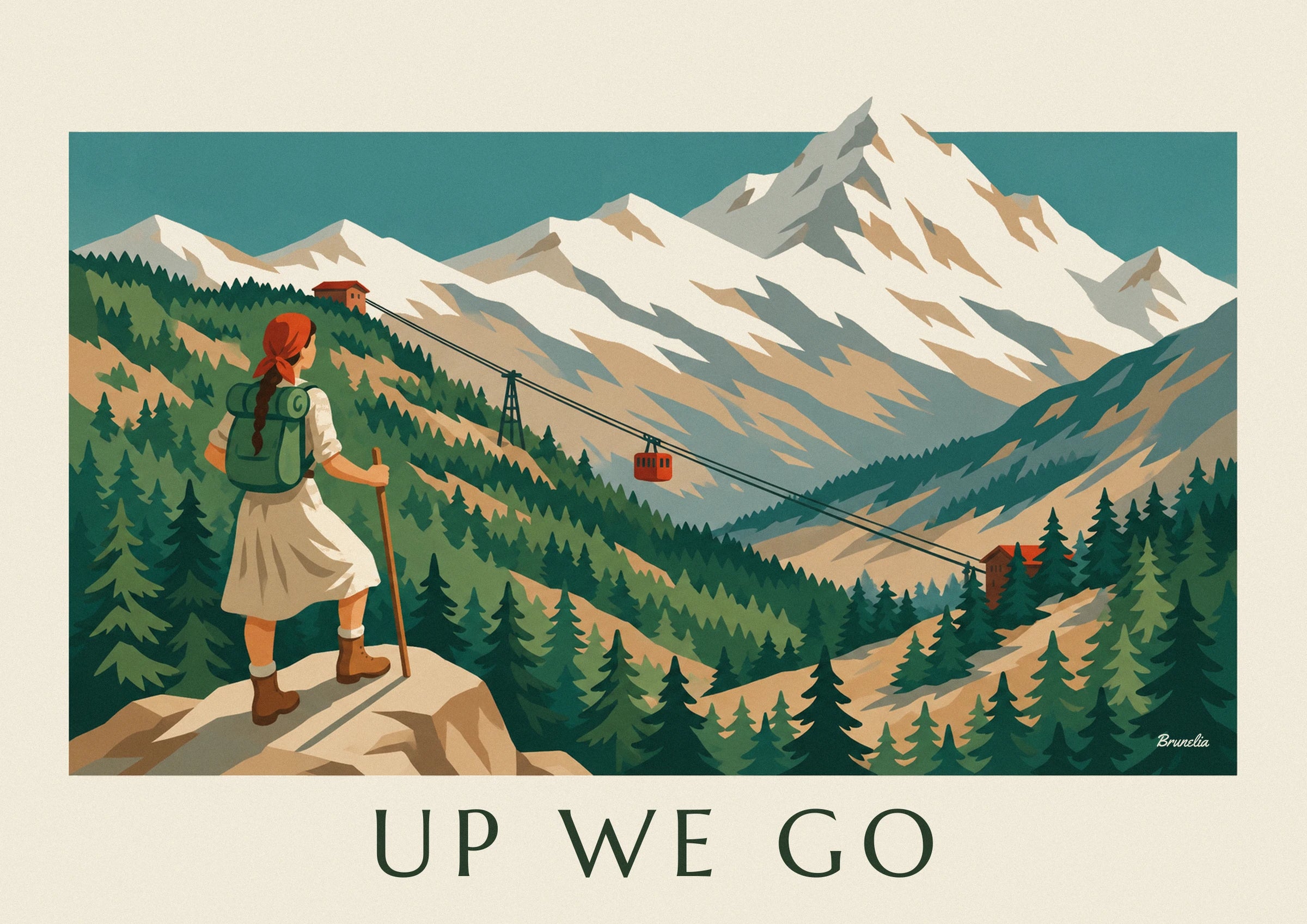 Hiker facing a cable car and snowy mountain poster: close-up detail