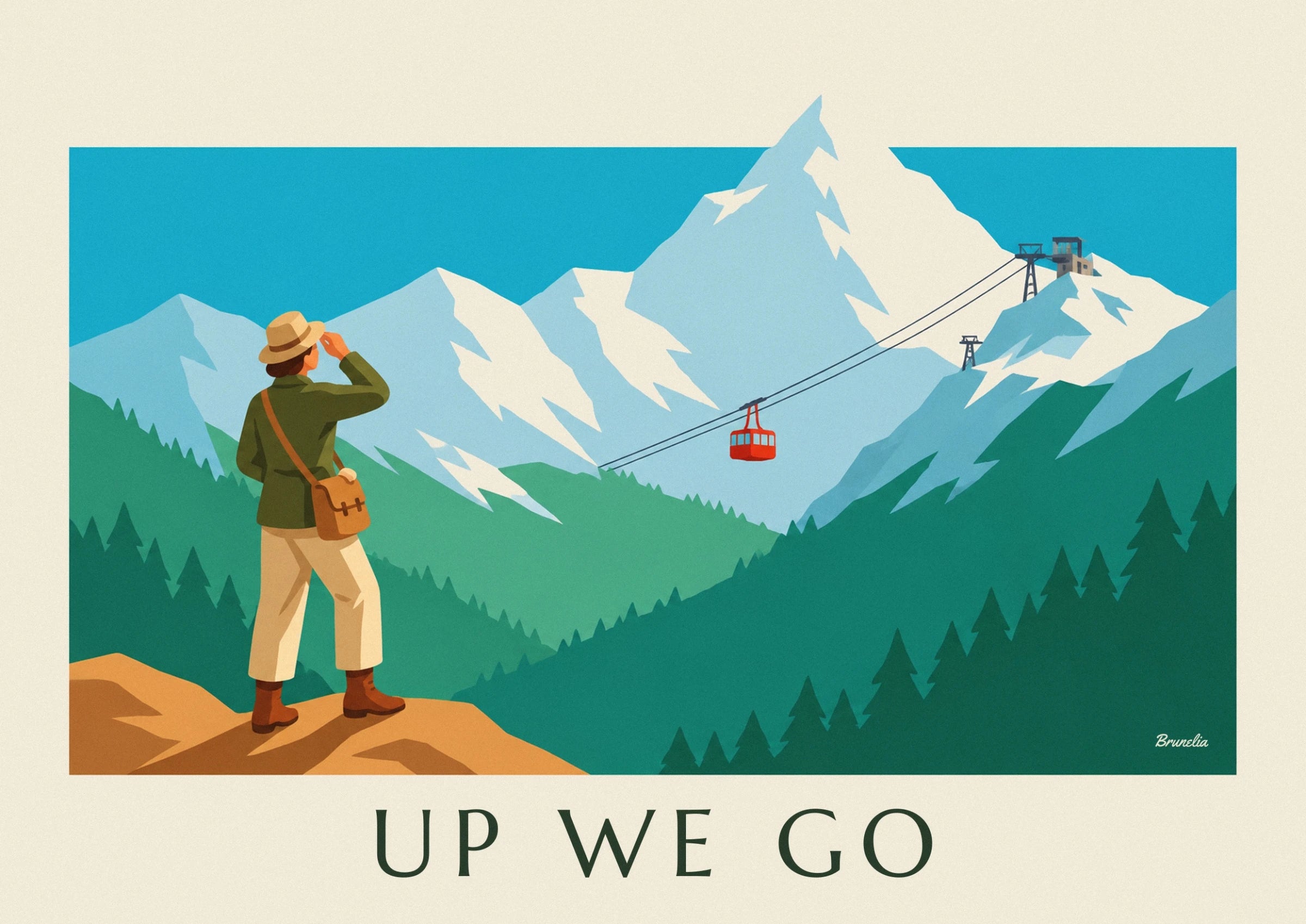 The hiker seen from behind, with a beige hat and shoulder bag, facing the mountains