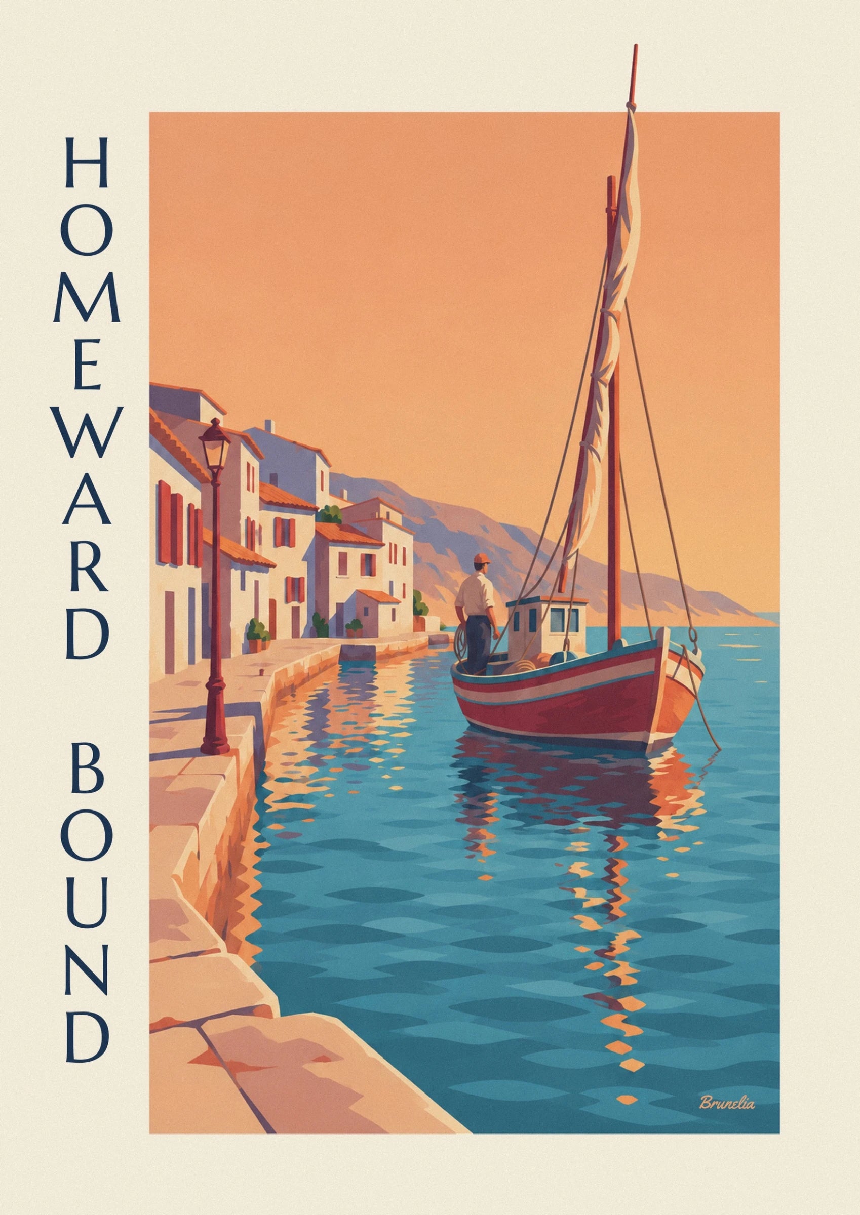 The fisherman aboard the red boat, between ropes and a white cabin