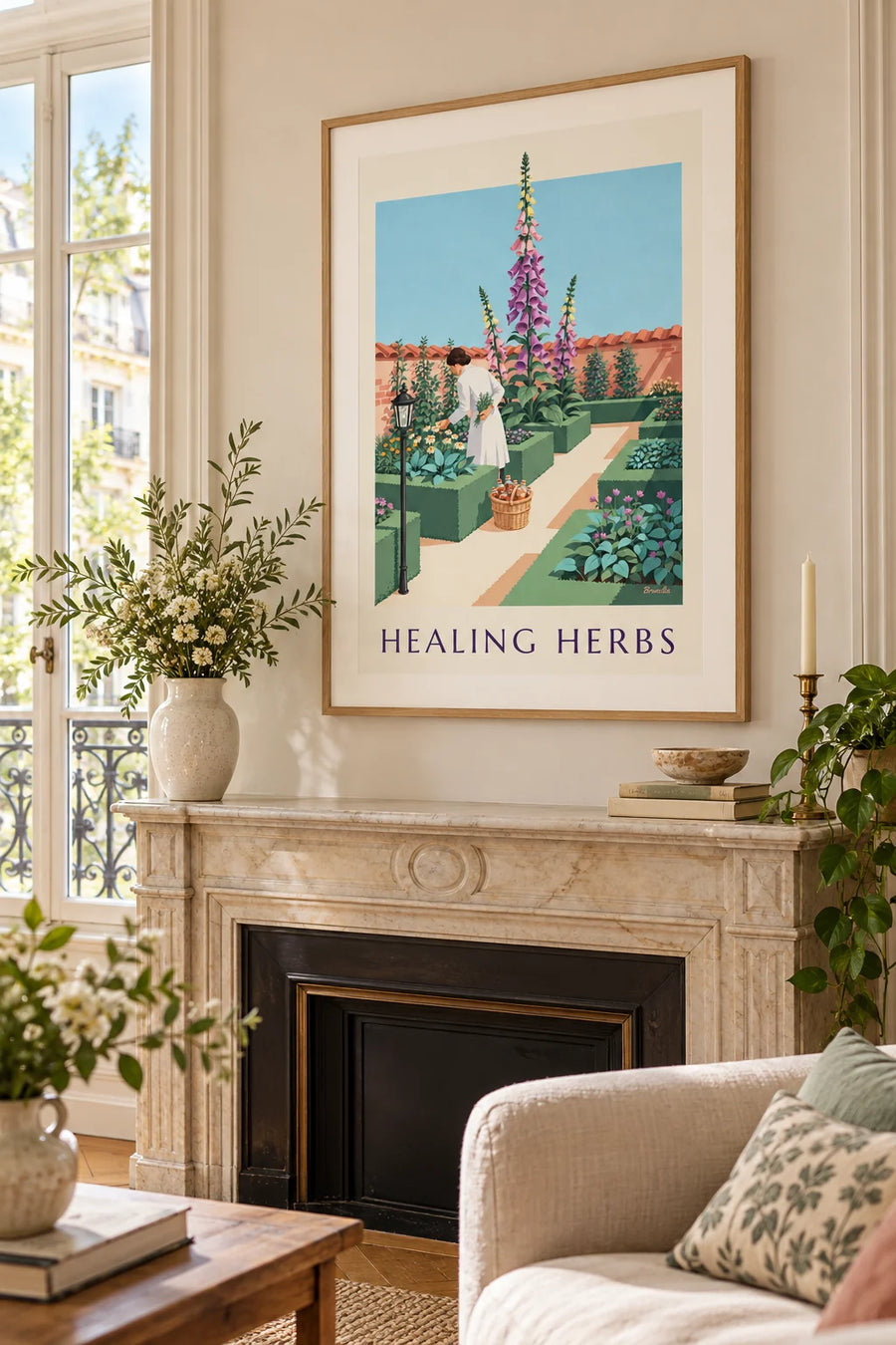Póster de una farmacéutica recogiendo plantas medicinales en un jardín de dedaleras: enmarcado en la pared