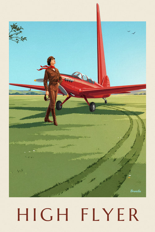 Poster of a female aviator and a red propeller plane on a grass runway: the full poster