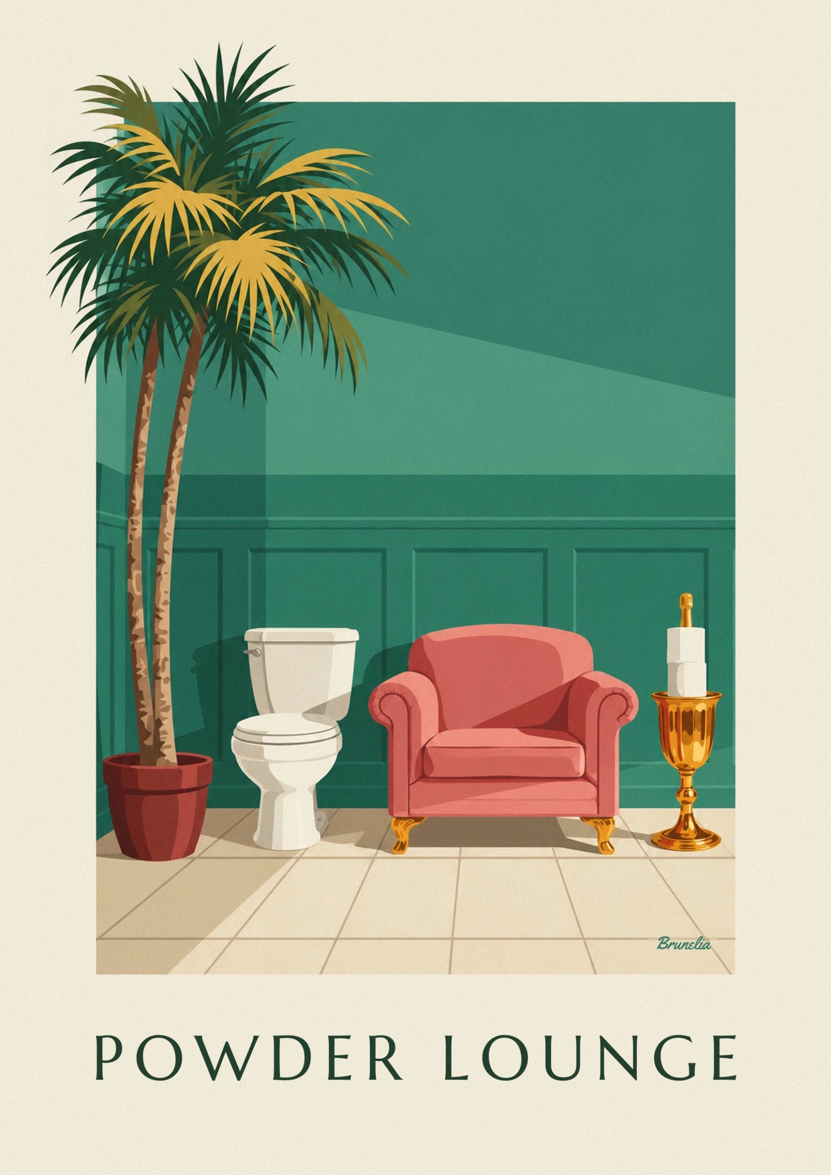 A coral pink armchair with rounded arms and golden legs on a tiled floor