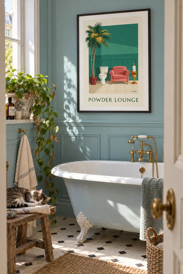 Humorous poster of a lounge-style powder room and toilet paper: framed on the wall