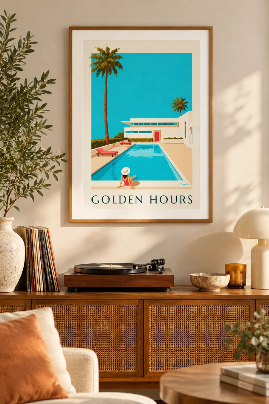 Póster de villa modernista blanca con piscina y palmeras: enmarcado en la pared