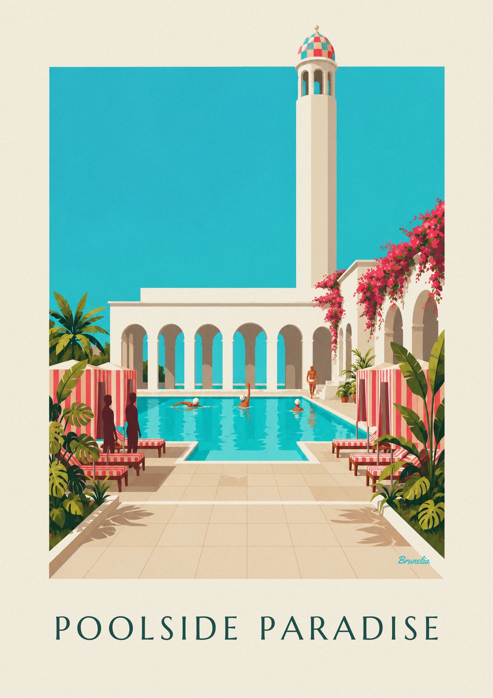 Swimmers in the turquoise water at the foot of the tall cream arches