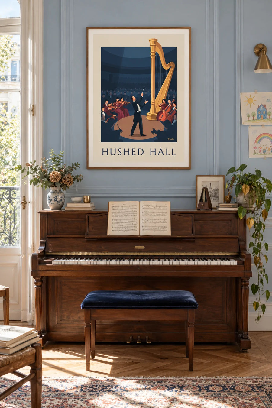 Poster of a conductor and a large golden harp in concert: framed on the wall
