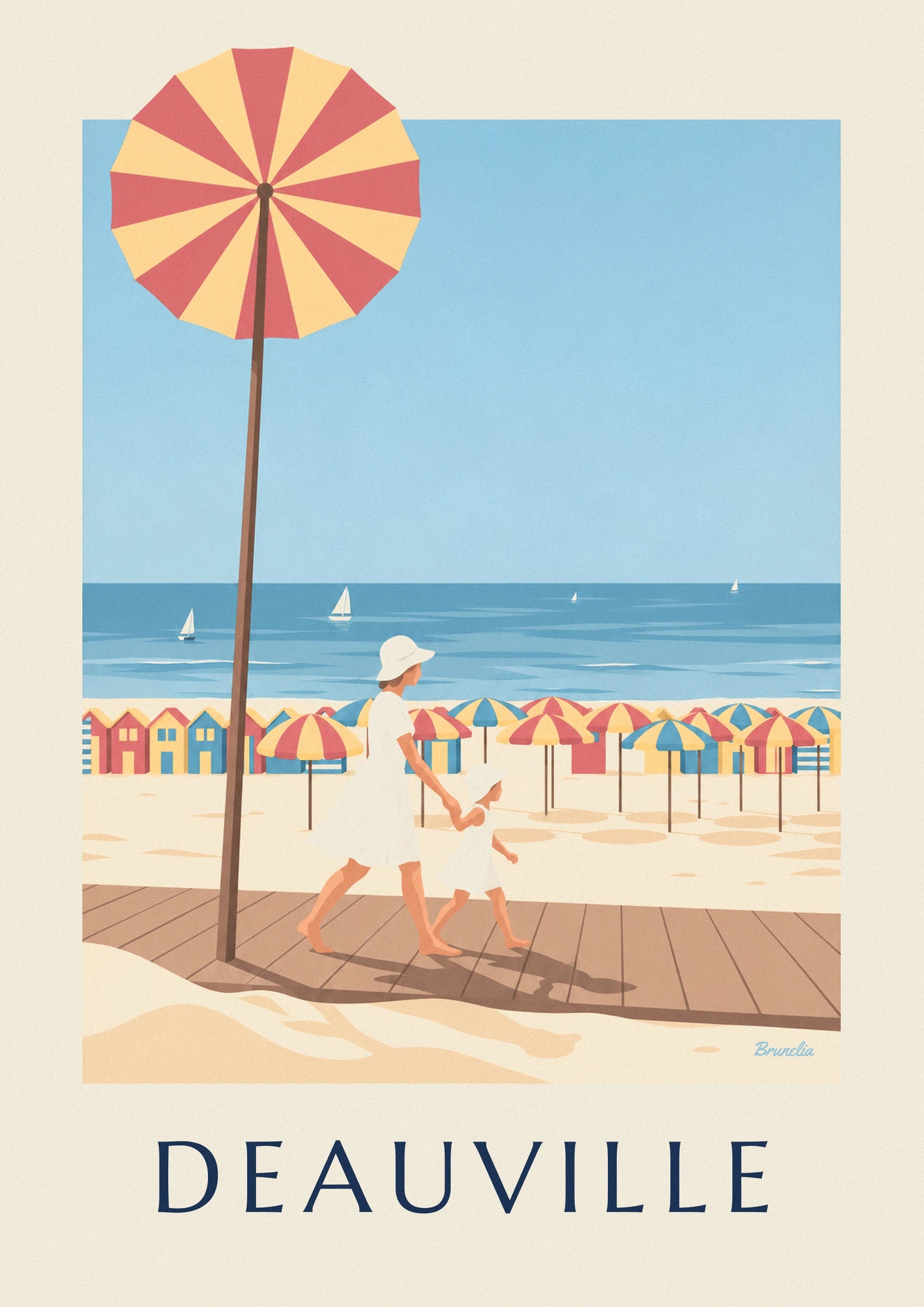 La mère et sa fillette en robes blanches et chapeaux, main dans la main sur les planches