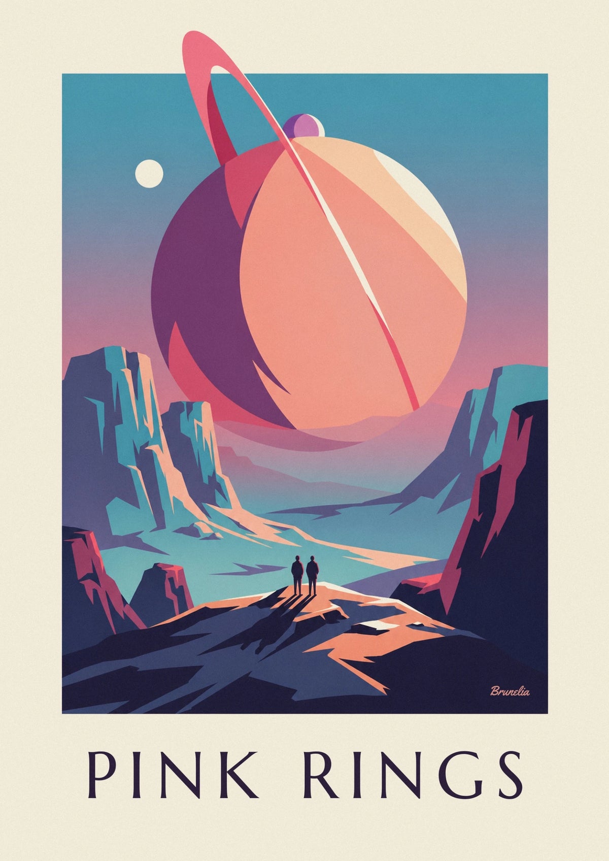 Pink-ringed planet over an alien landscape poster