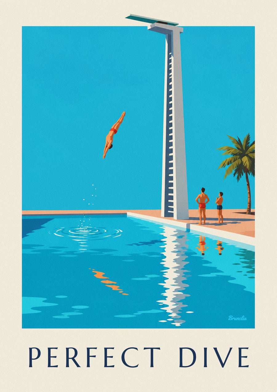 Póster de saltador en pleno salto sobre una piscina