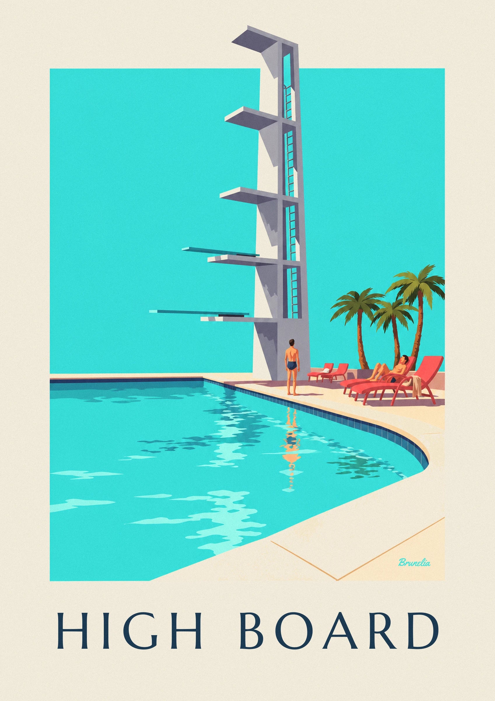 Outdoor pool diving board in the sun poster: close-up detail