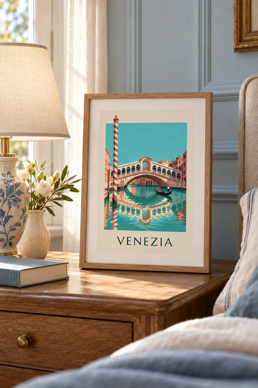 Póster del puente de Rialto y una góndola en el Gran Canal de Venecia: formato pequeño A4 enmarcado