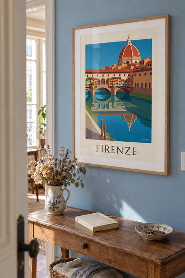 Póster del Ponte Vecchio y el Arno en Florencia: enmarcado en la pared