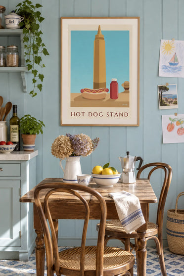 Poster of a hot dog with mustard and ketchup on a snack bar counter: framed on the wall
