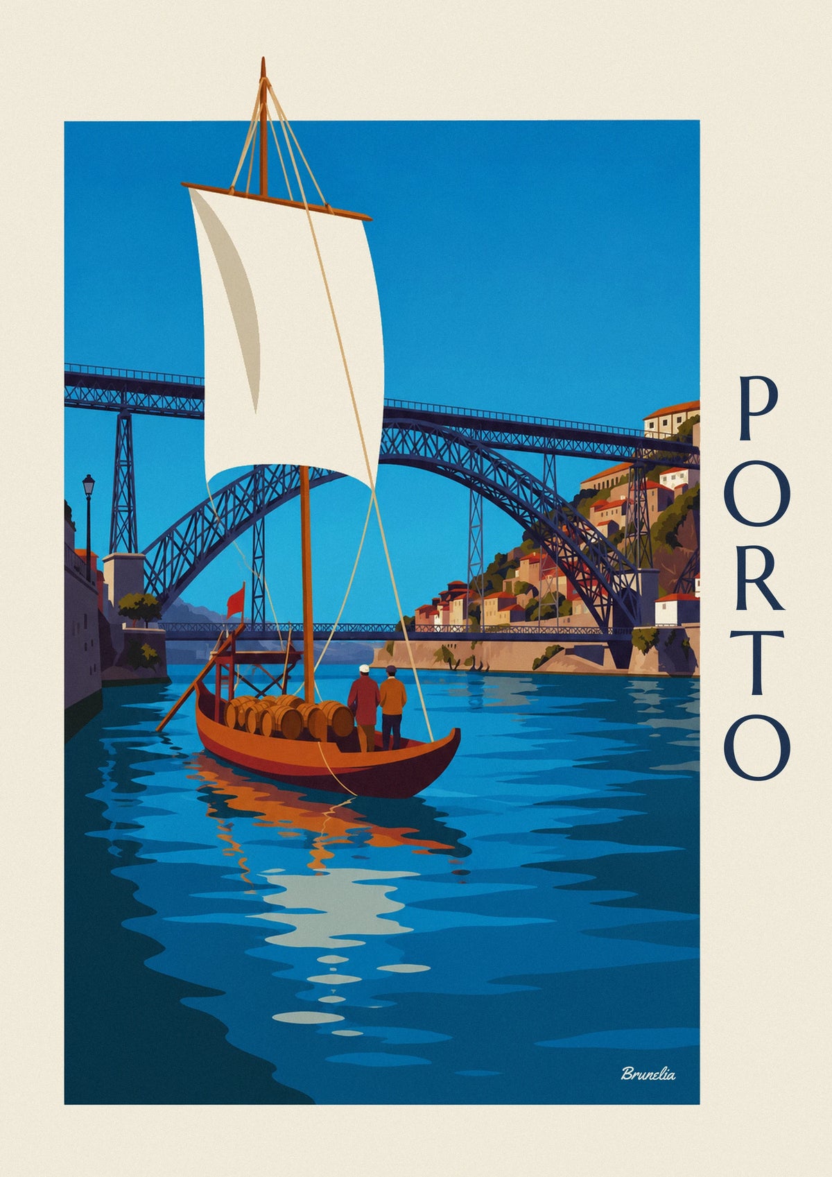 Affiche pont Dom Luís et bateau rabelo sur le Douro à Porto