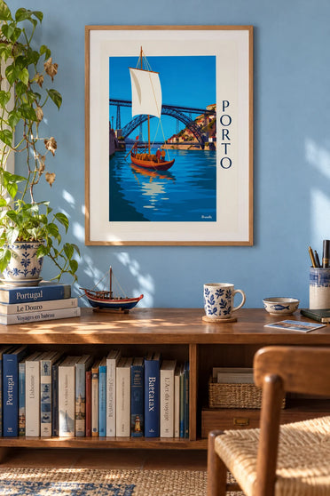 Affiche pont Dom Luís et bateau rabelo sur le Douro à Porto : encadrée au mur