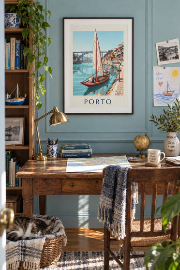 Poster of the Dom Luís I Bridge in Porto and a rabelo boat on the Douro: framed on the wall