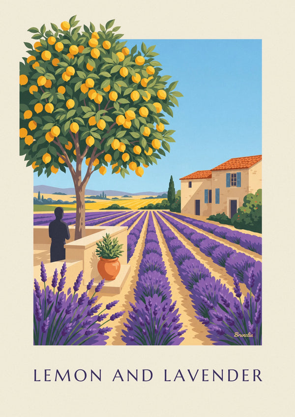 Affiche lavande, citronnier et maison provençale aux volets bleus