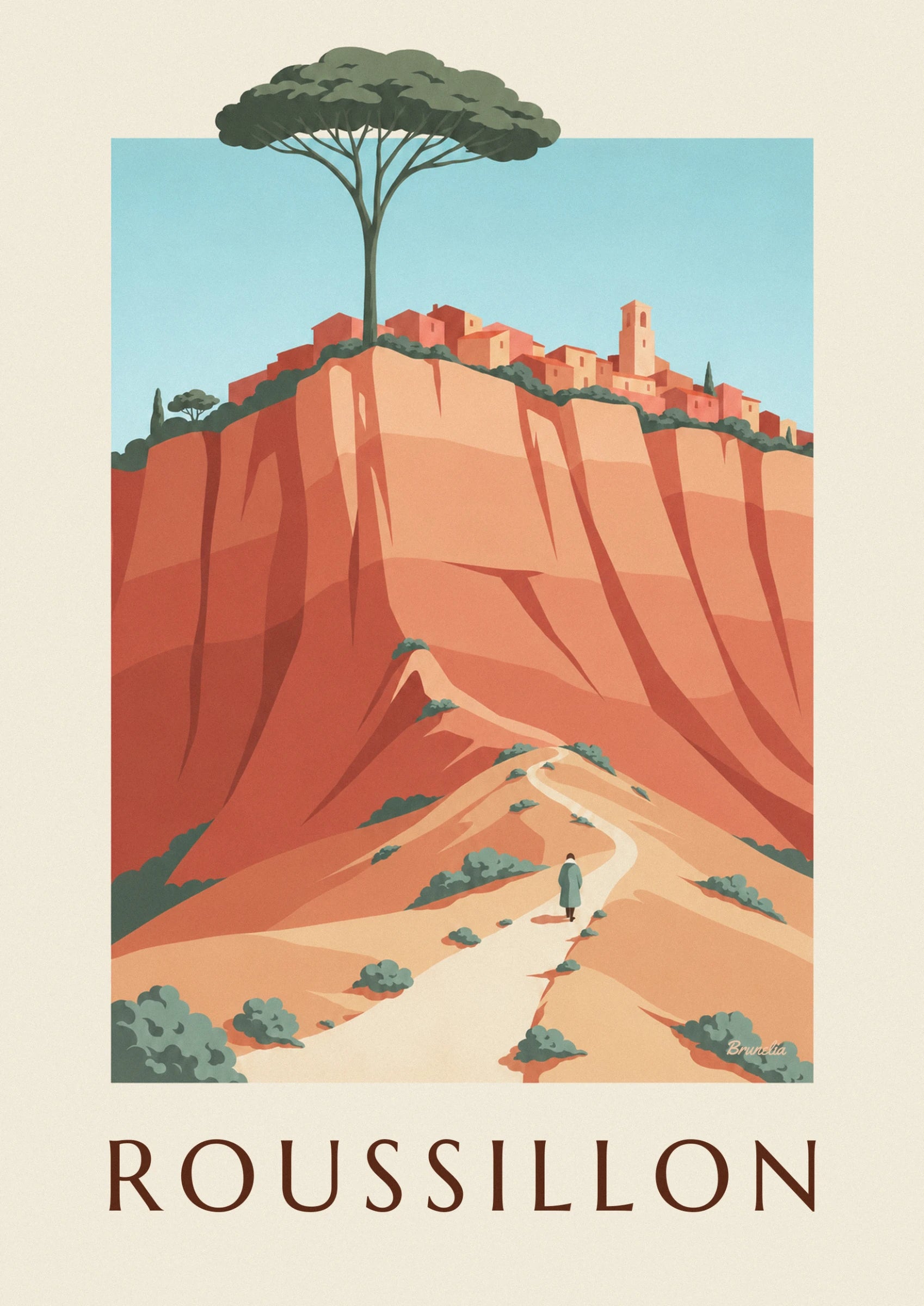 The village with pink roofs perched on its ochre cliff beneath an umbrella pine
