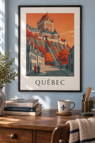 Póster del Château Frontenac en otoño en Quebec: enmarcado en la pared