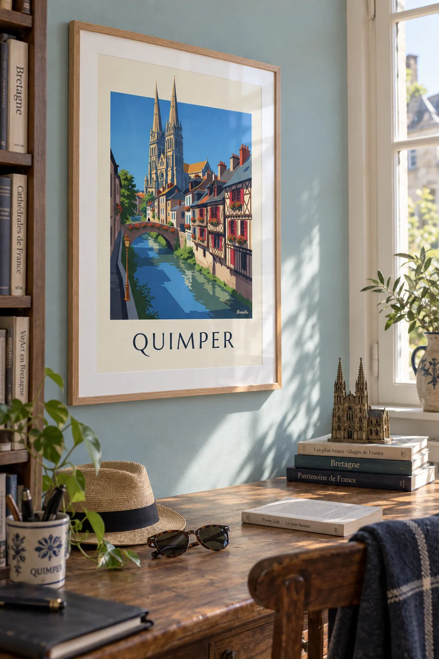 Saint-Corentin Cathedral in Quimper and the Odet river poster: framed on the wall