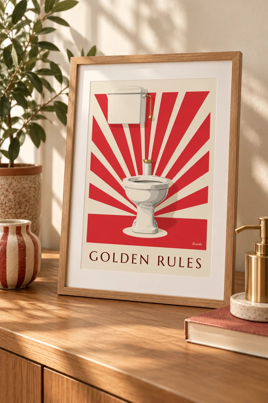 Affiche toilettes blanches sous les projecteurs, règles d'or : petit format A4 encadré