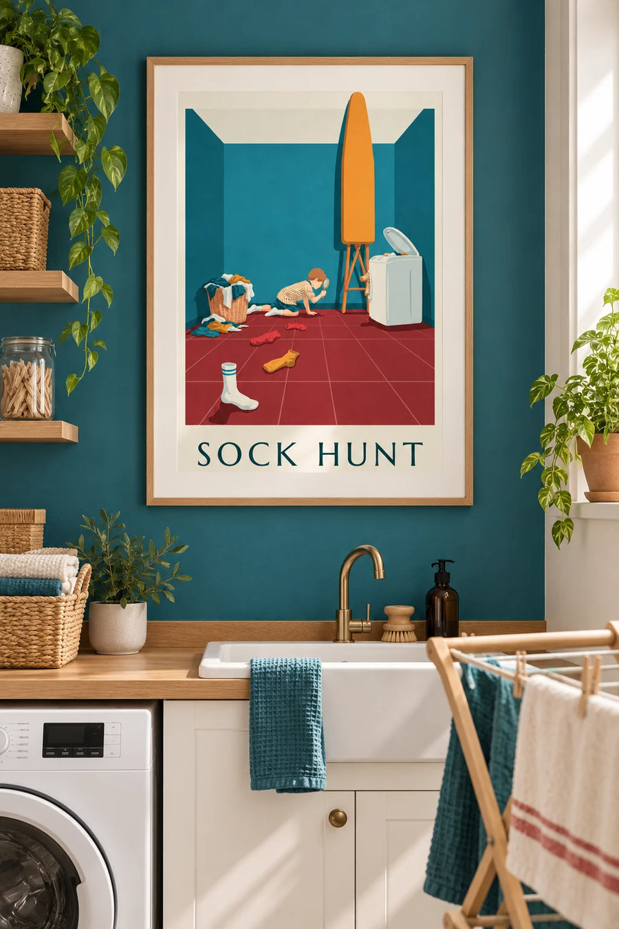 Affiche humour garçon à la loupe sur la piste des chaussettes : encadrée au mur