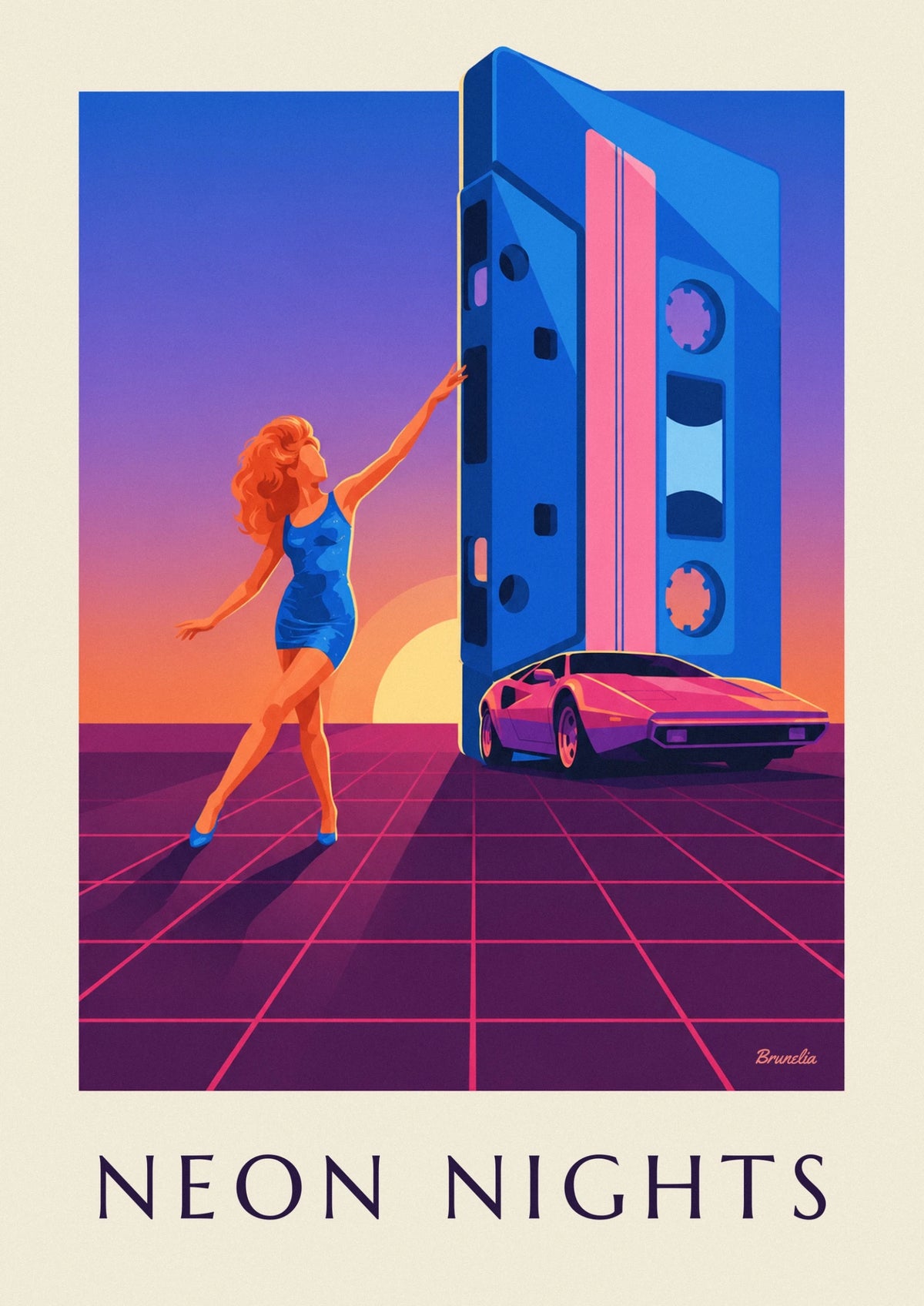 Disco dancer, giant cassette and sports car poster