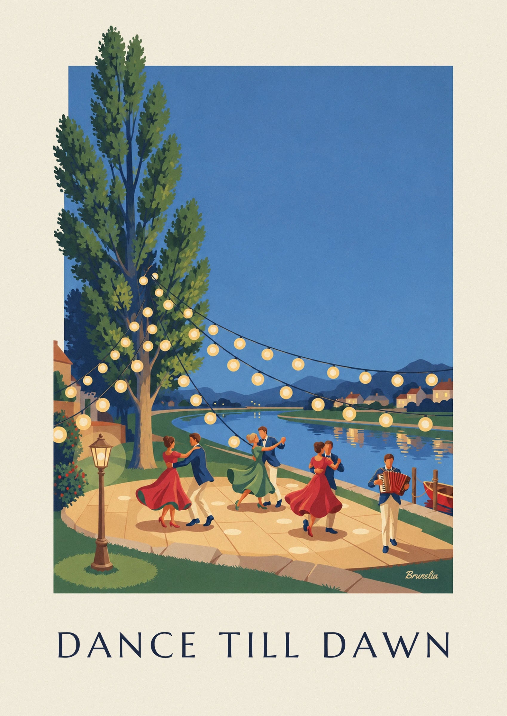 The 4 couples in red and green dresses dancing beneath the lanterns by the water