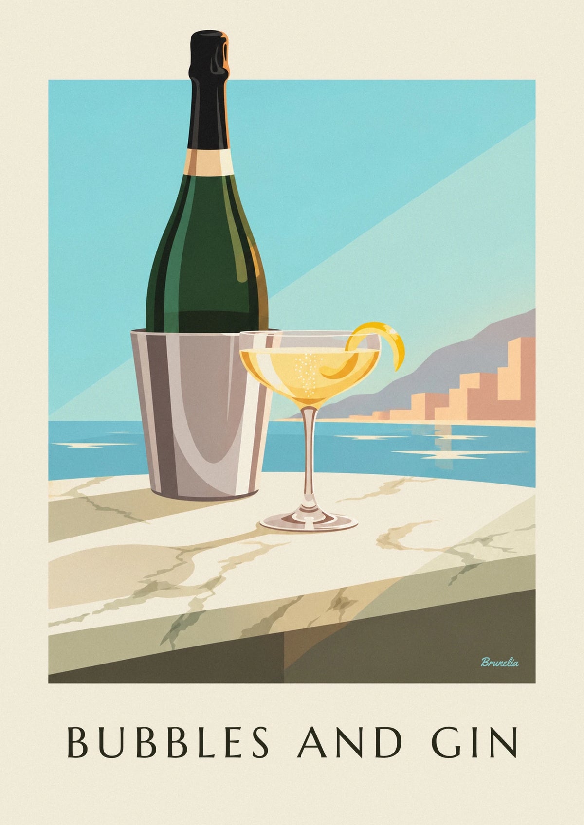 Affiche cocktail French 75 servi en coupe de champagne