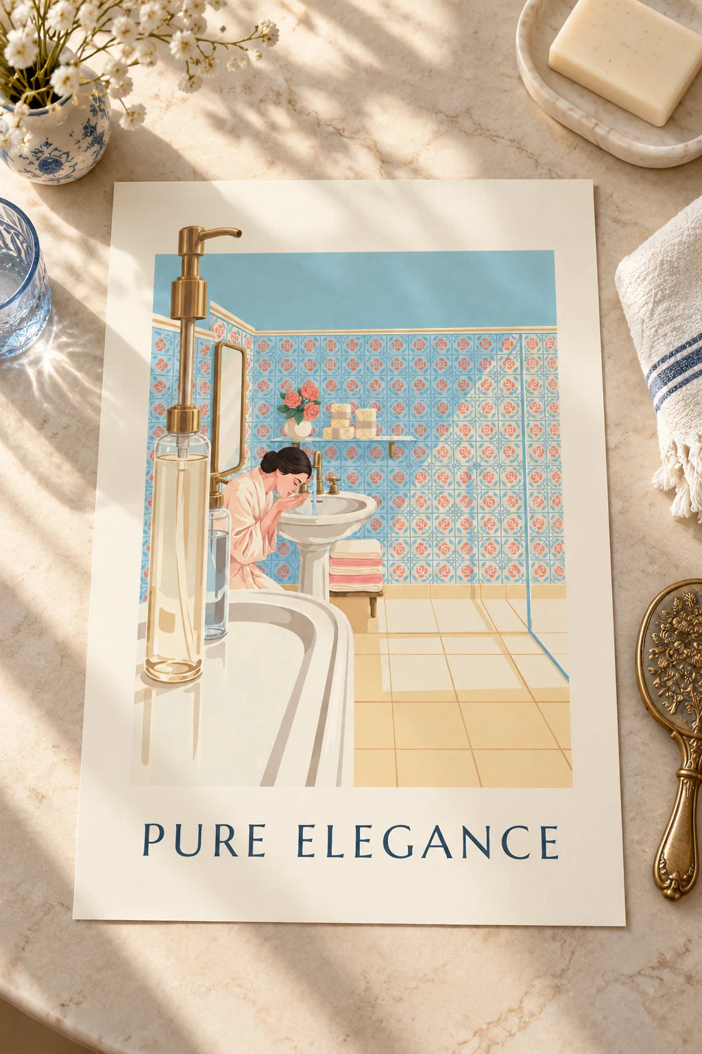 Bathroom: Sunny bathroom with soaps and porcelain sink poster on the wall