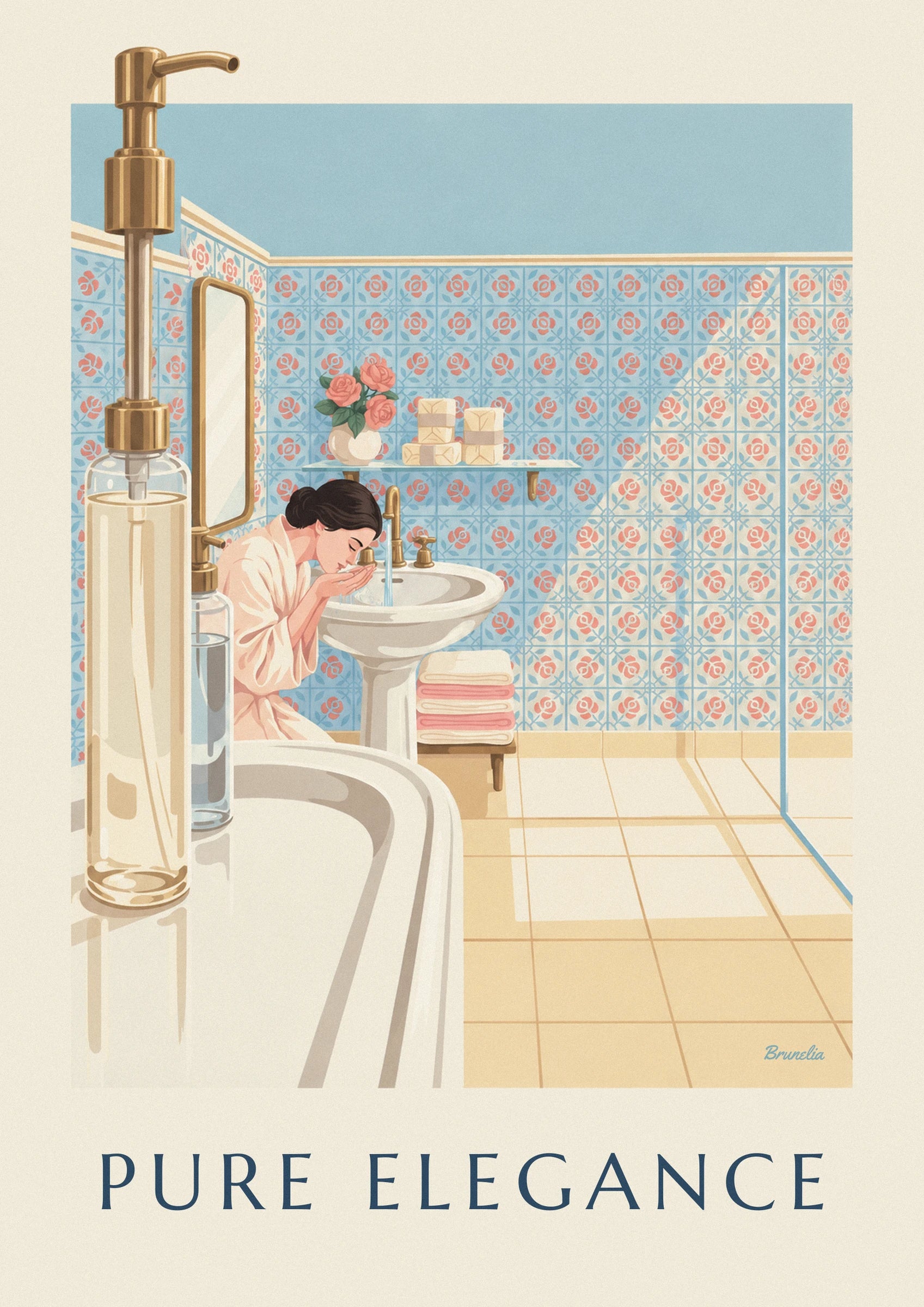 Une femme en peignoir au lavabo en porcelaine, entre robinet doré et serviettes roses