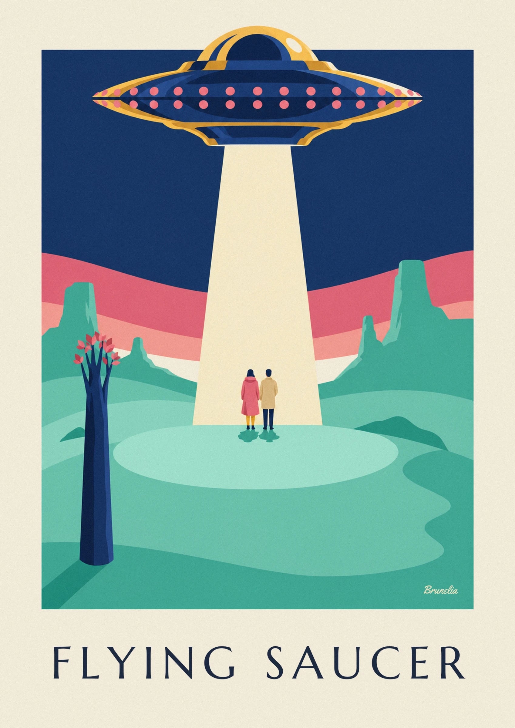 The blue and gold flying saucer with pink portholes and a pale yellow beam