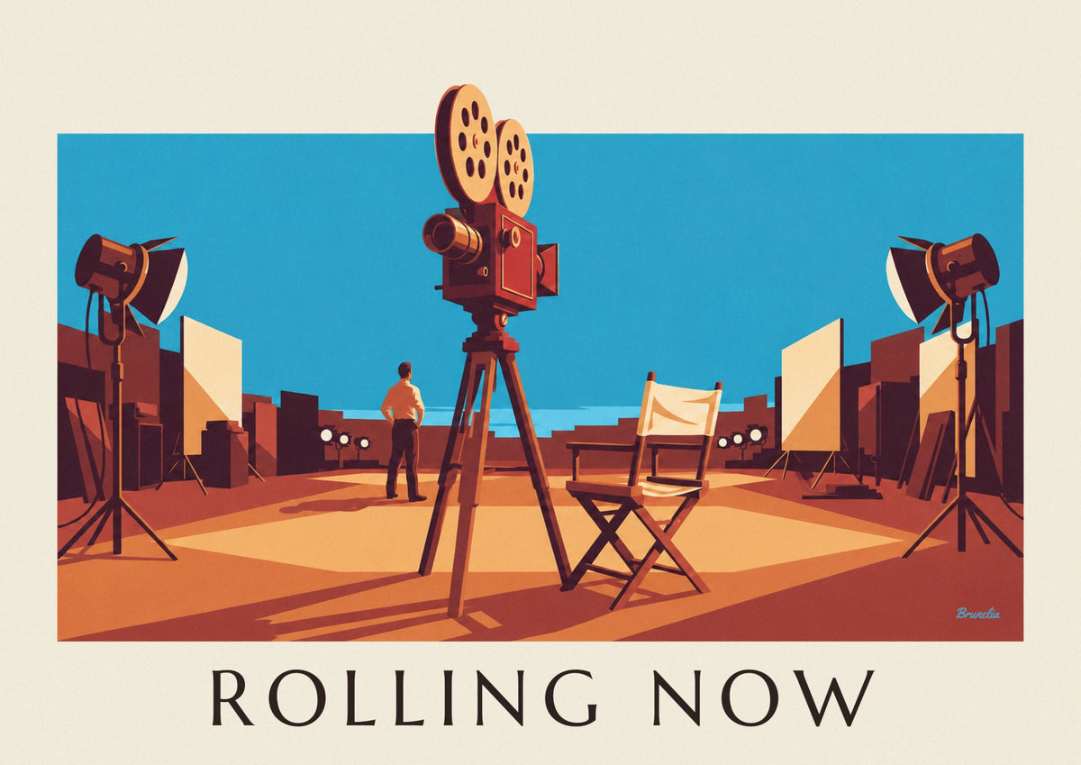 Cinema camera on tripod film set poster